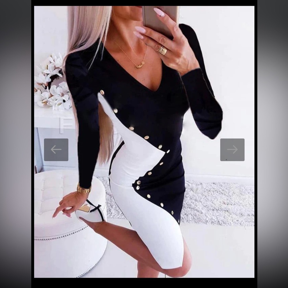 Color Block Long Sleeve Knee Length Dress